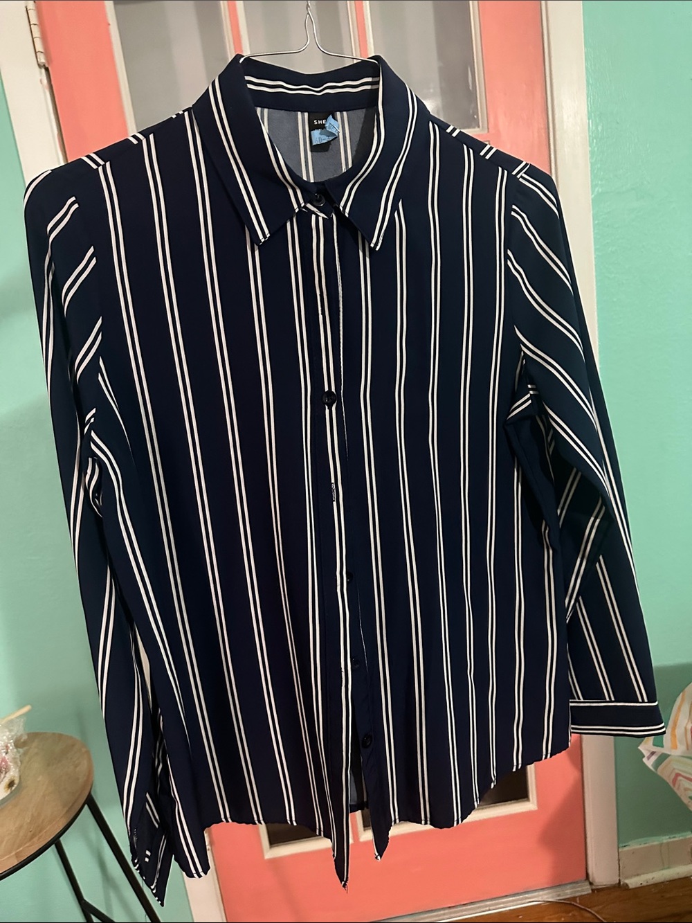 SHEIN Navy and White Vertical Stripe Button-Down Shirt